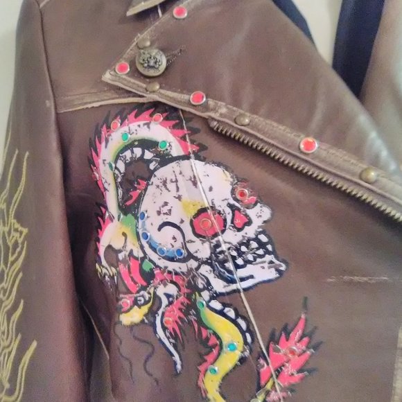 Ed Hardy Brown Leather Jacket Sz XSmall Crossover Biker Style NWT - Picture 7 of 13